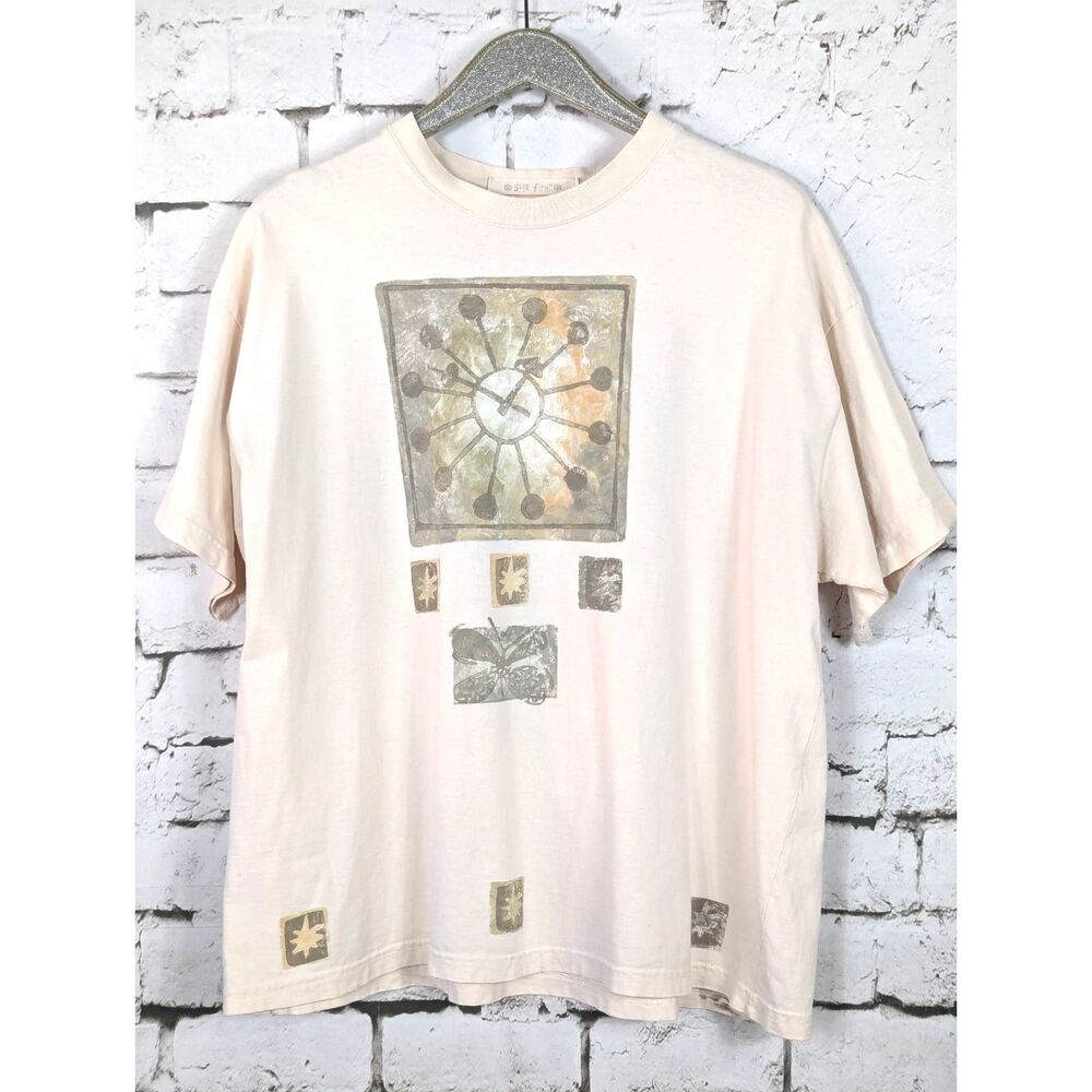 VINTAGE 1995 BLUE FISH Atoms Spinning Clocks Tee Hand Printed Art Lagenlook OS